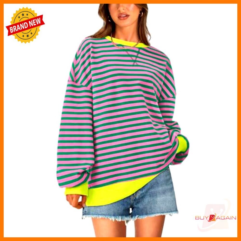Oversized Striped Sweatshirt, Cotton Blend, Crew Neck, Long Sleeve, Loose Fit - Picture 3 of 7